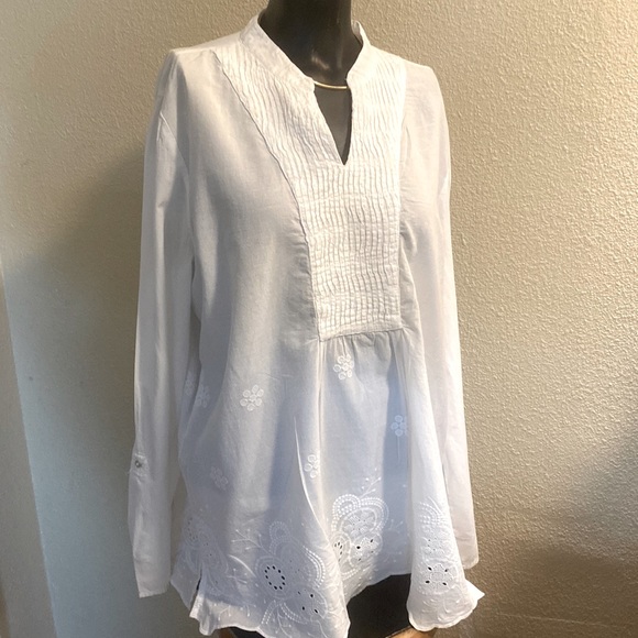Sweet Magnolia Tops - Sweet Magnolia White Pleated collar/chest & Beautiful Embroidered Flower Design